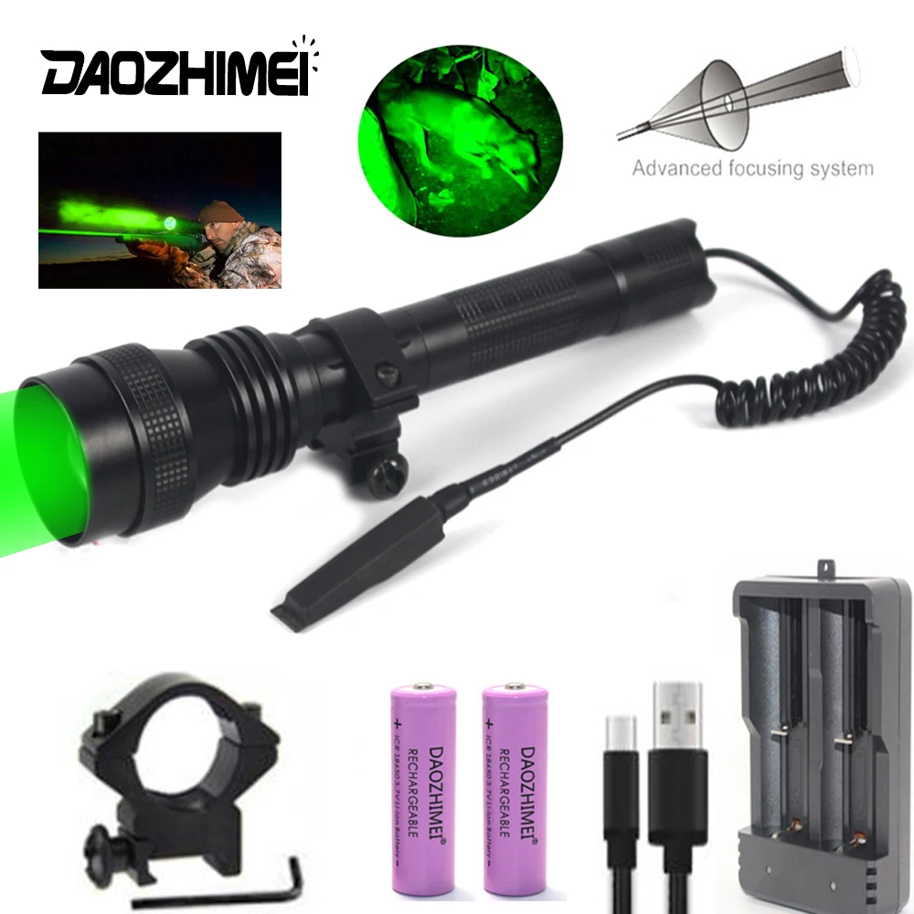 500 Yards Green Tactical Hunting Flashlight Zoomable LED Beam Predator Torch Rifle Scope Mount Remote Pressure Switch