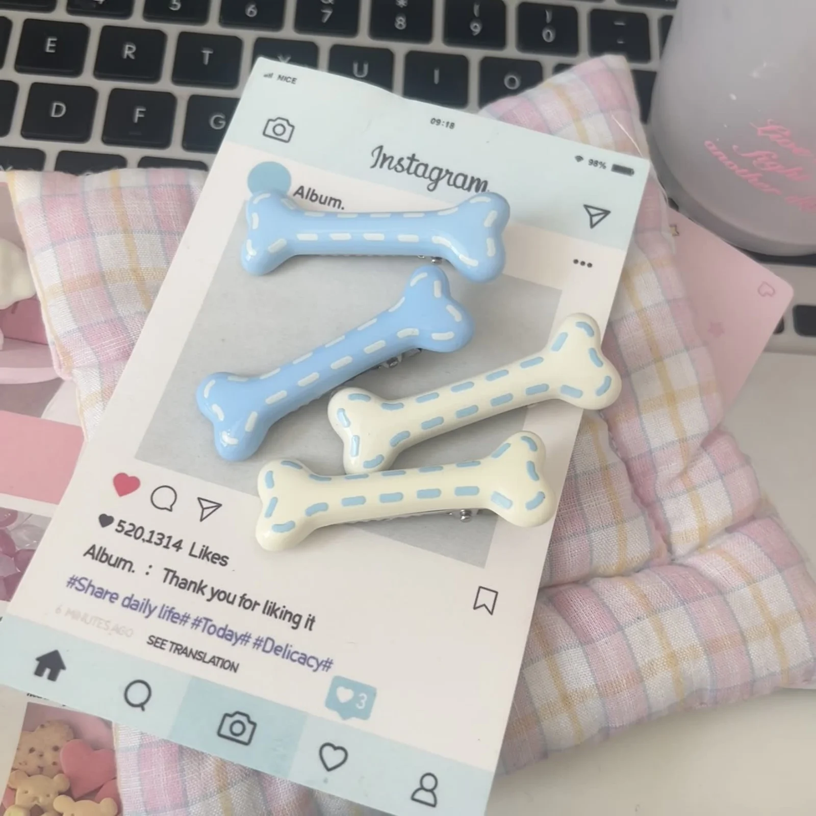 2PCS Cute Bone - Shaped Hair Clips, Blue & White Kawaii Hair Accessories, Perfect for Daily Styling