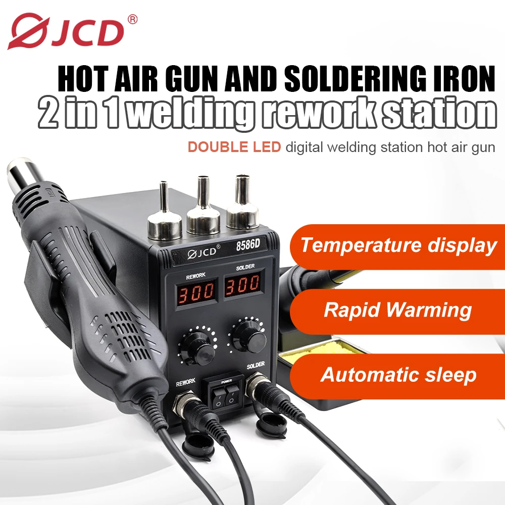 JCD 8586D Soldering Station 2 IN 1 Hot Air Gun Solder Station with 2 Digital display,10-Minute Sleep Mode for SMD Rework