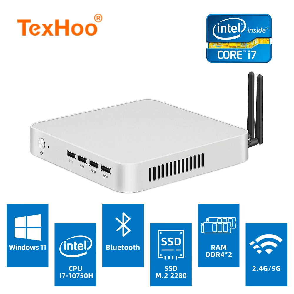 TexHoo Mini komputer stancjonarny Intel Core i7 10750H 10300H N5095 AMD