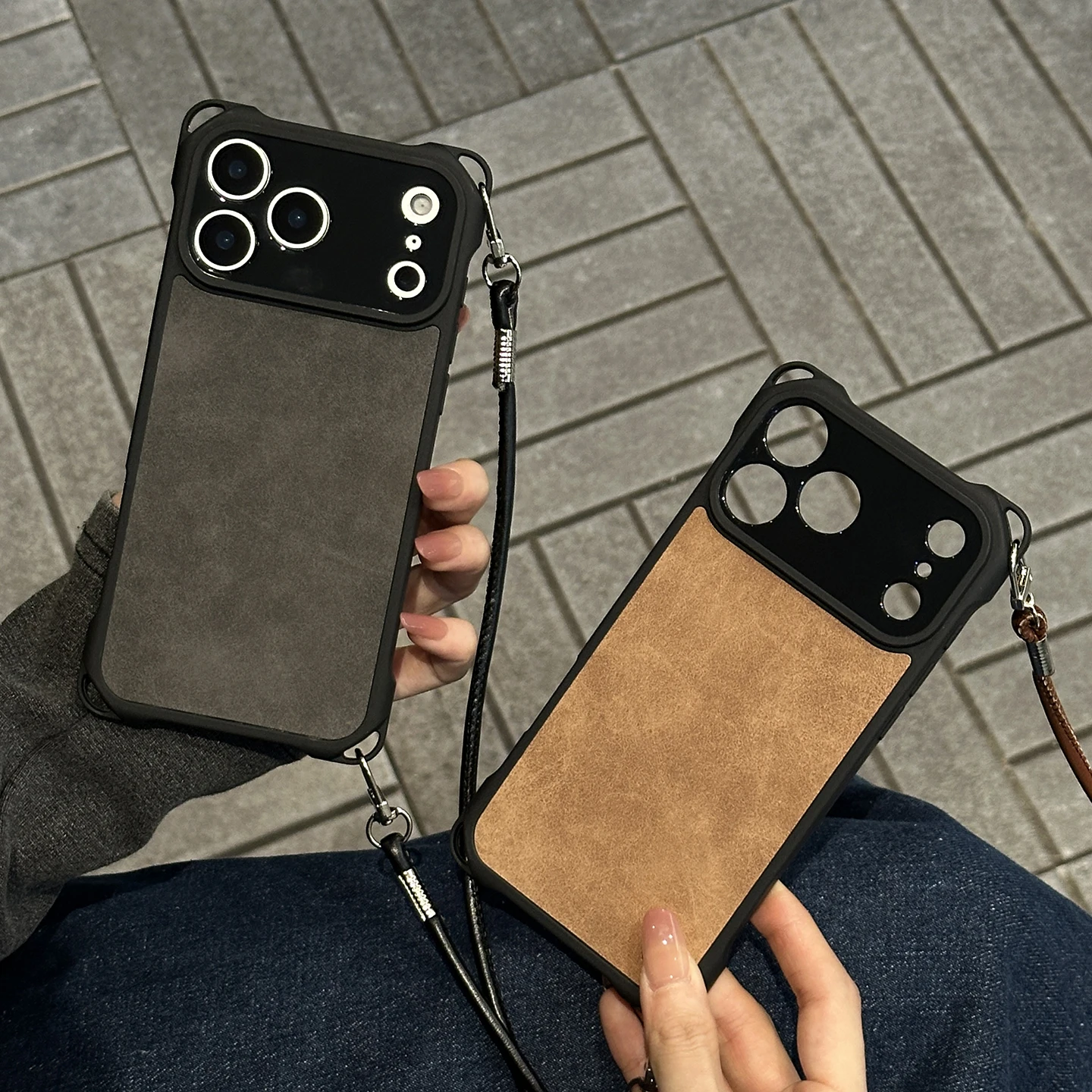 Elegant Long Leather Rope Phone Case with Shockproof Silicone