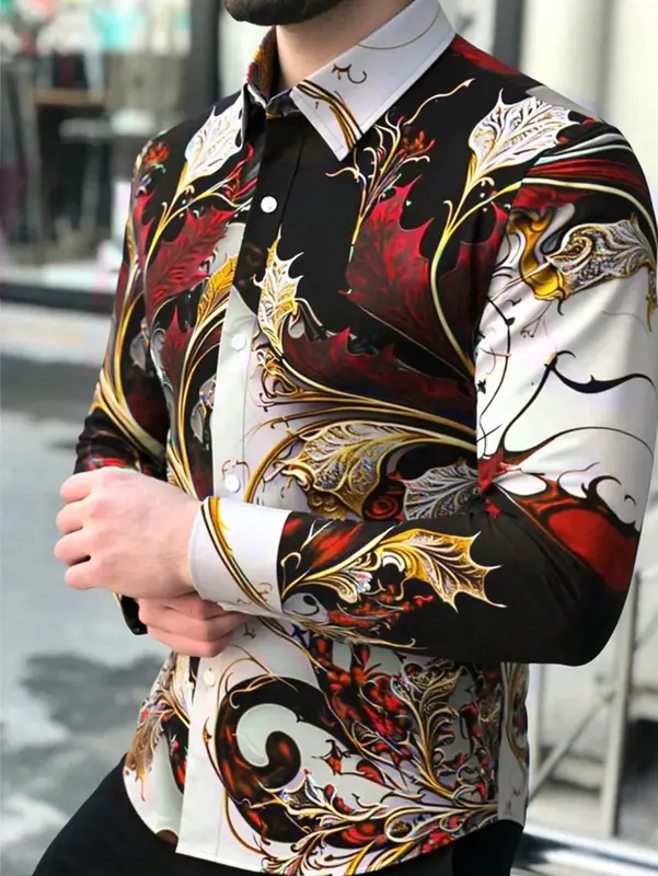 Men's Long Sleeved Floral Shirt Outdoor Fashionable Luxury Social Business Lapel Single Breasted Top - Image 3