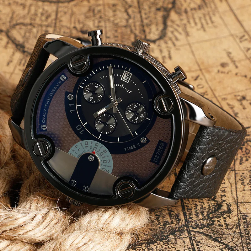 Men Big Watches Luxury Brand Two Time Zone Quartz Watch Large Dial Casual Sport Male Wristwatch Men with Round Dial Watch