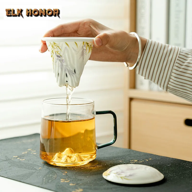 450ML Hand-painted Wisteria Flower Glass Filter Tea Separator Cup Distant Hills Tea Separation Mug With Handle Office Work Mugs