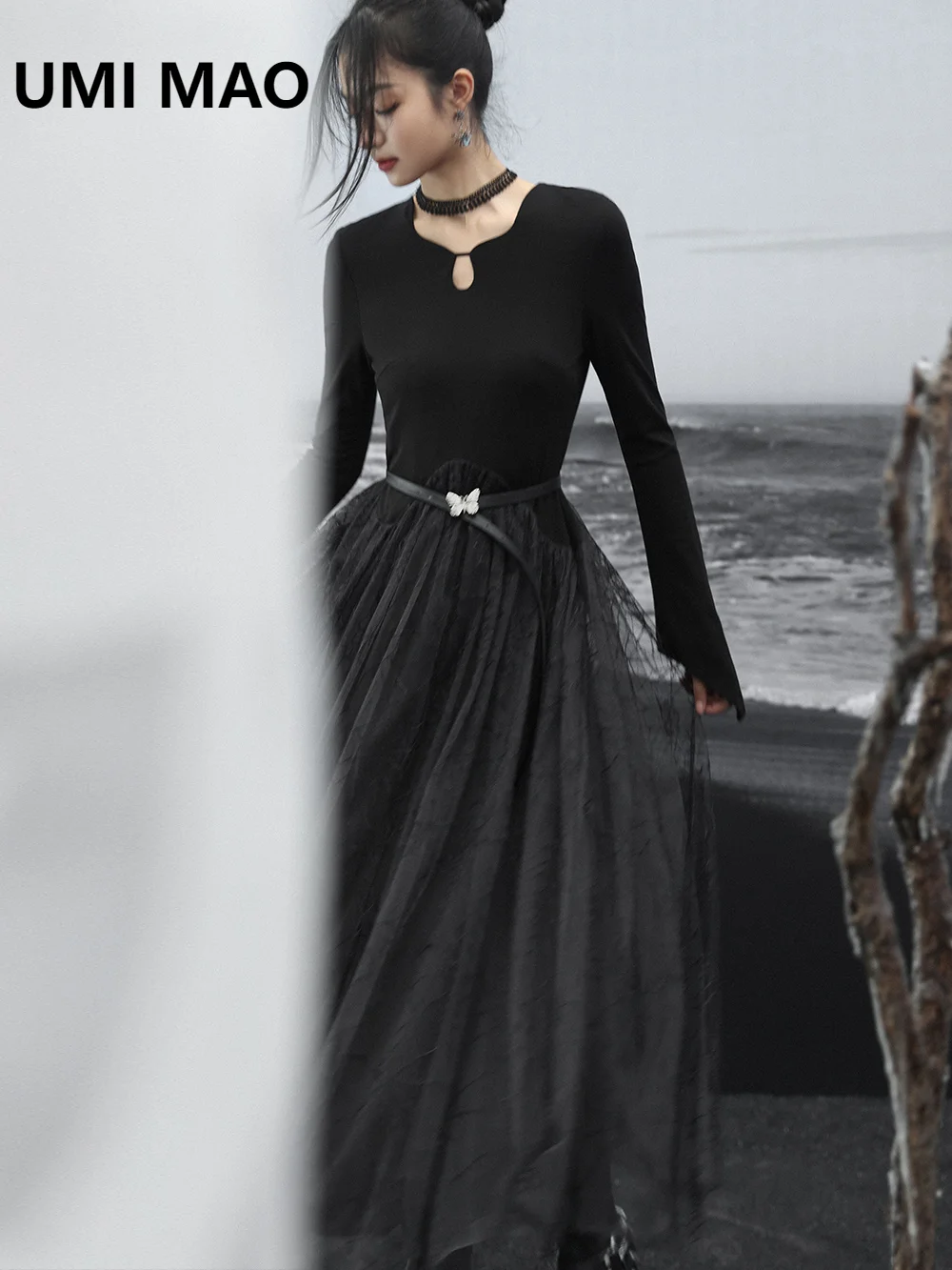 

UMI MAO Dark Knit Dress Women's 2023 New Autumn Winter Gothic Mesh Collar Lace Large Swing Long Dresses Femme Y2K