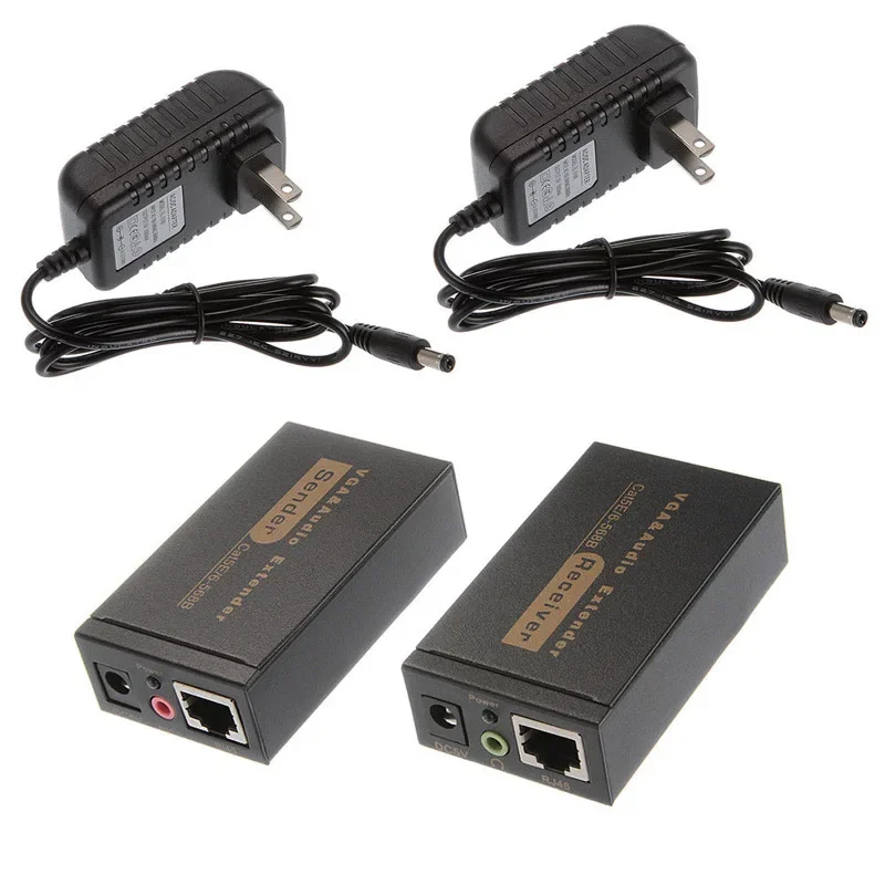 Set 100m RJ45 To VGA Network Over Signal Sender Video Audio Extender CAT5e/6 Transmitter +Receiver Adapter with DC 5V AC Power hdmi compatible extender transmitter receiver 120m 1080p ir remote over cat5e 6 tcp ip support one transmitter to many receivers