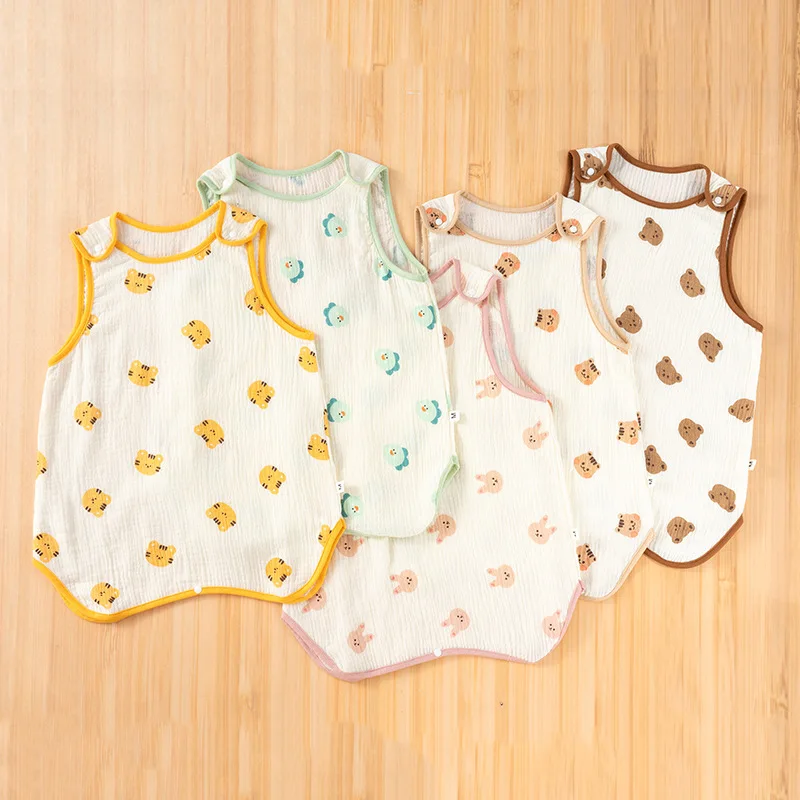 

Summer Baby Boys Girls Romper Printed Sleeveless Vest Outfit Infant Bodysuit Double-layer Cotton Yarn Clothes