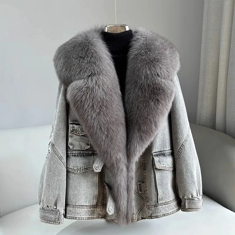 Fur Collar Denim Fur Jacket Women Overcoat Winter 2025 New Loose
