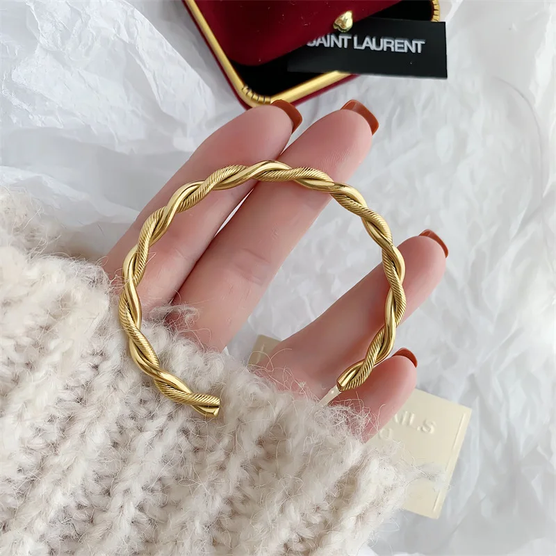 Bangle Bracelet Stainless Steel Bracelet Trendy Charm Cuff Twist Bracelets Opening Bangles For Women Gold Color 316L Stainless Steel Wire Thin Simple