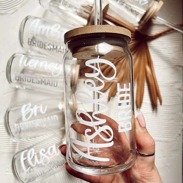 16 Oz Personalized Glass Cup With Bamboo Lid and Straw Custom Beer Can Mug,  Mason Jar, Bridesmaid Gift, Tumbler, Bachelorette Favor 