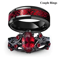 Charm Couple Rings Romantic Women Red Rhinestones Rings Set Trendy Men Stainless Steel Celtic Dragon Rings Wedding Band Jewelry