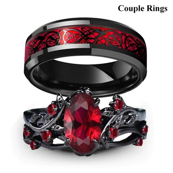Anelli per coppie con ciondoli Anelli romantici con strass rossi da donna Set da uomo alla moda Anelli con drago celtico in acciaio inossidabile Gioielli per fedi nuziali