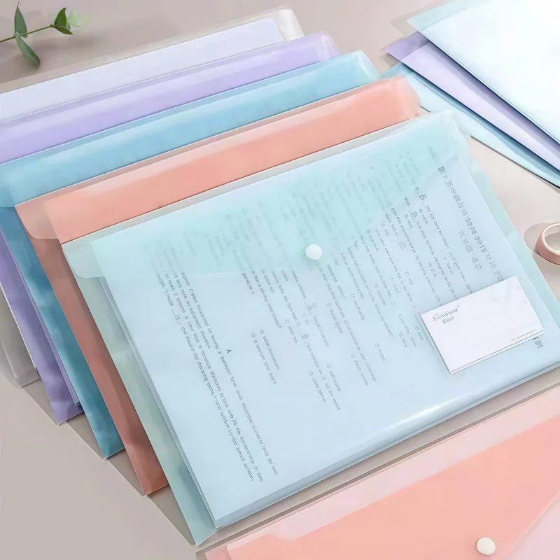10pcs 투명 파일 가방 라벨 두꺼운 폴더 분류 버클 재료 가방 플라스틱 방수 A4 종이 보관 가방