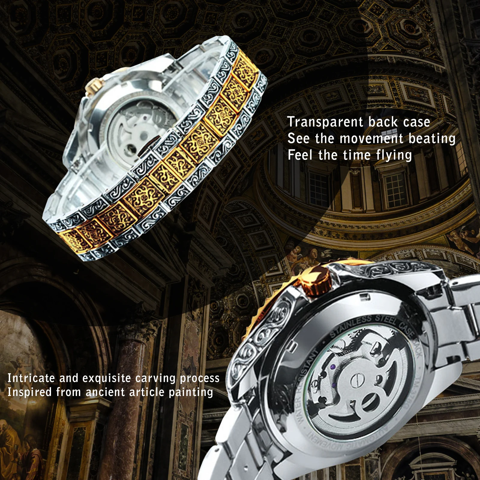 Mechanical watch WINNER Luxury moon phase tourbillon skeleton mechanical watches Gold engraved automatic men watch stainless steel strap luminous