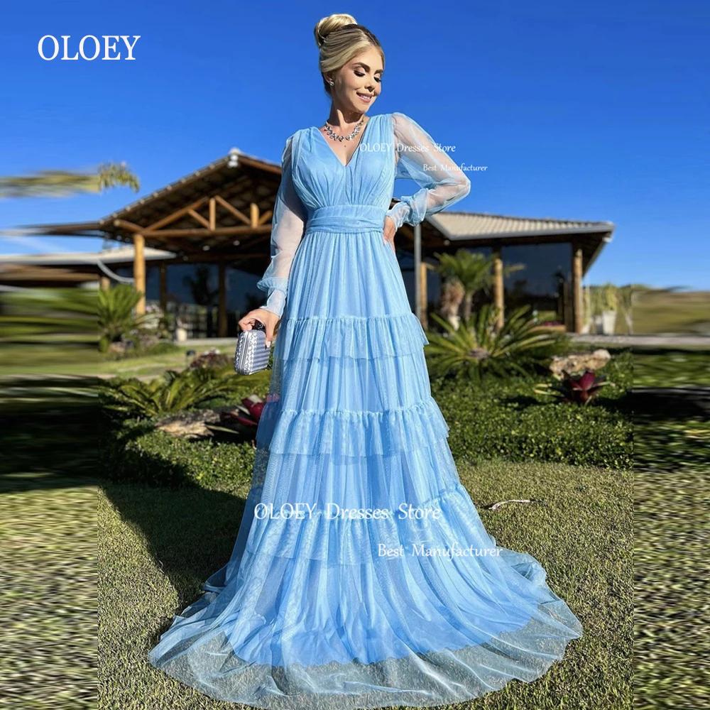 

OLOEY Light Blue Pink Silk Tulle Prom Dresses Puff Long Sleeves V Neck Tiered Arabic Women Evening Gowns Formal Party Dress