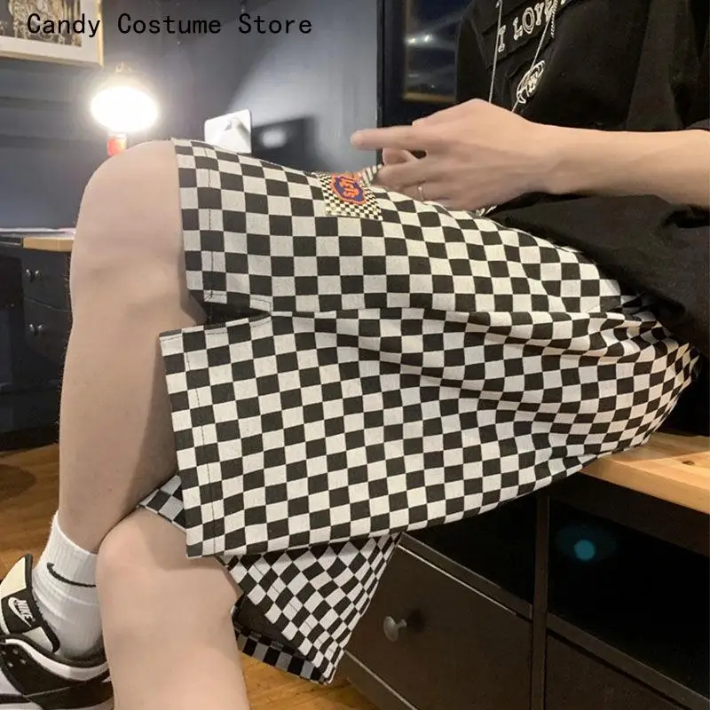 Wide Leg Shorts Men's Breeches Loose Casual Hip Hop Plaid Korean Style American High Street Half Pants Y2k Clothes
