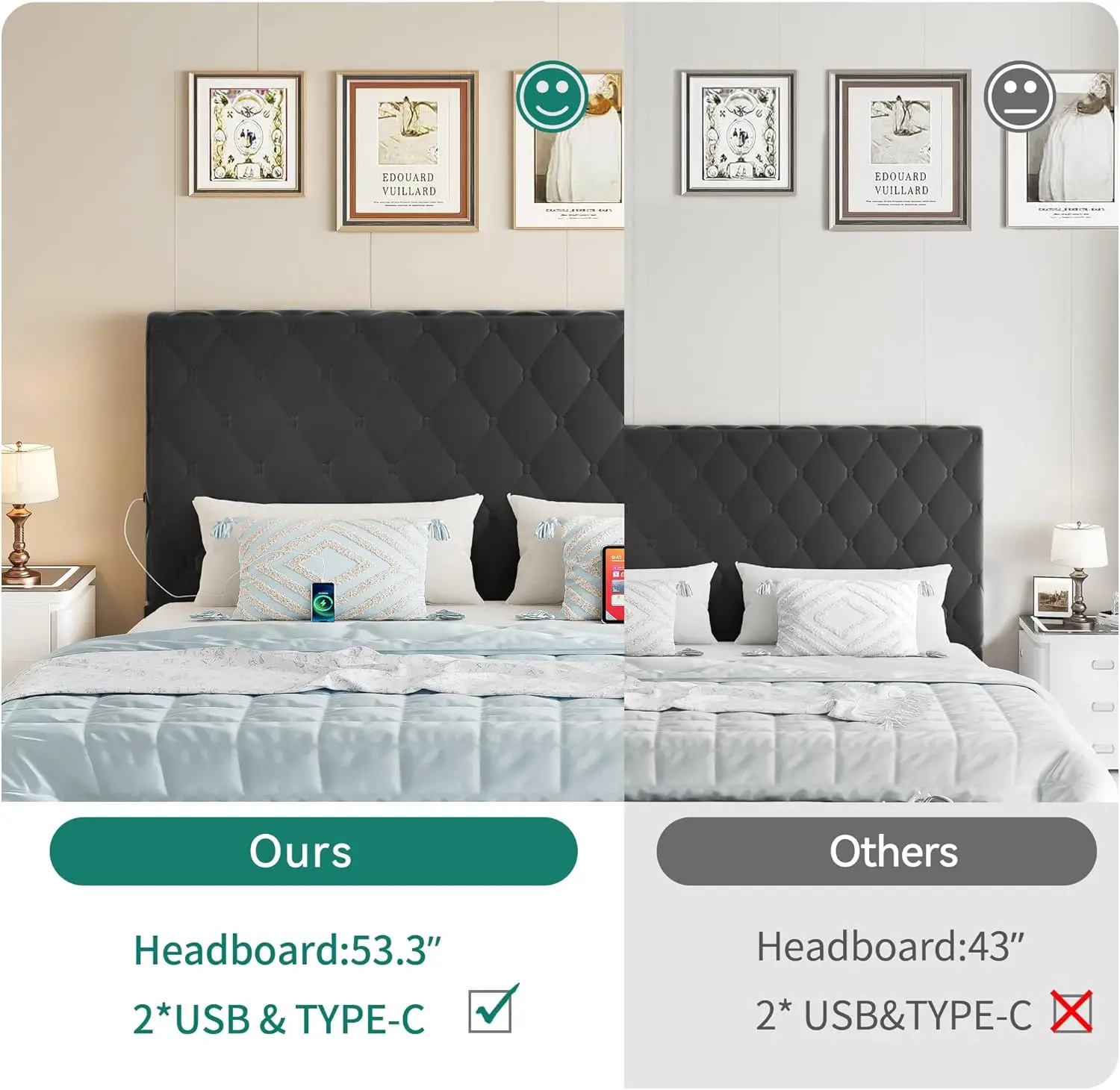 YITAHOME King Velvet Bed Frame, 53" Tall Headboard, 2 USB C/A, Button Tufted, No Box Spring, Noise-Free, Black 5