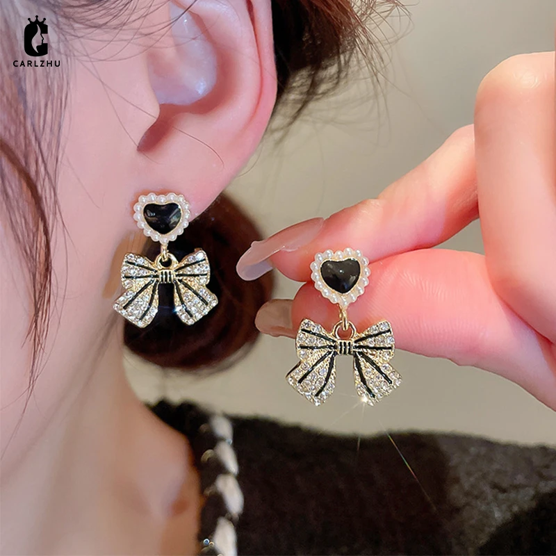 2022 New Korean Style Rhinestone Bow Love Heart Drop Earrings Sweet Cute Heartshaped Dnagle