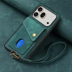 Leather Magnetic Wallet Phone Case with Card Holder and Lanyard for Shockproof Protection (Green)