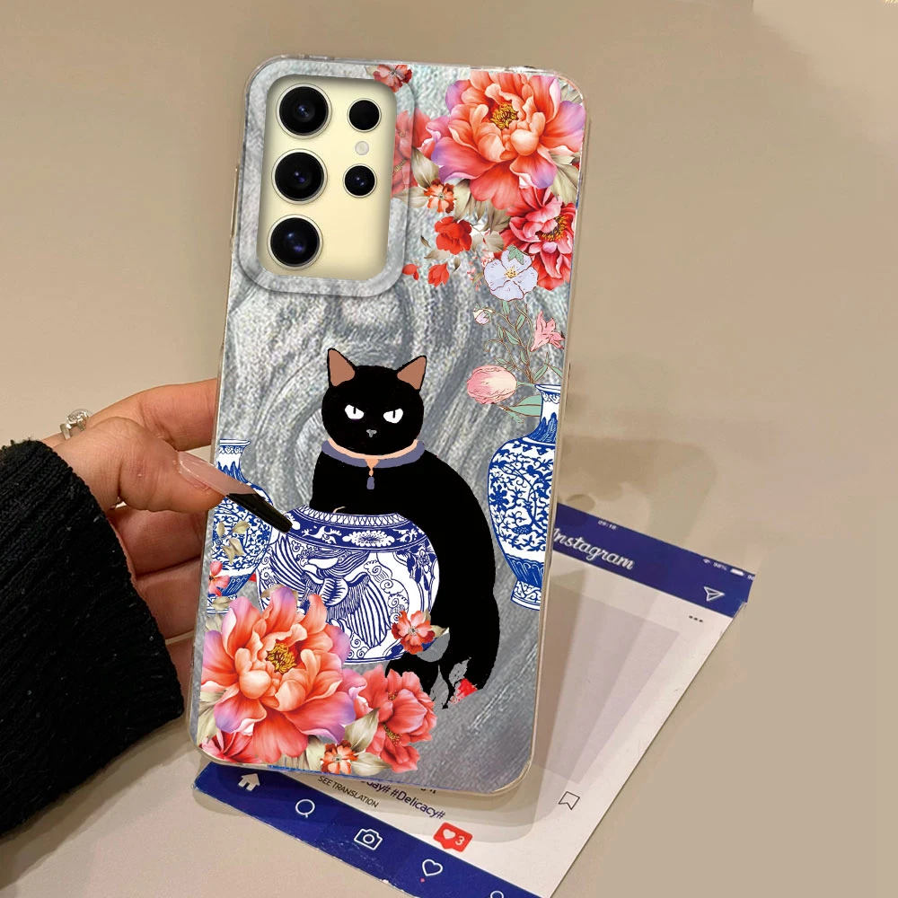 Elegant Black Cat Flower Design Silicone Phone Case - Luxury Protective Back Cover