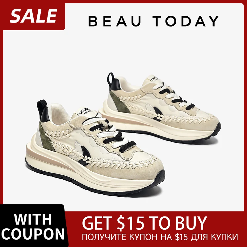 

Women Platform Sneakers Pig Suede Lace-Up Woven Design Round Toe Mixed Color Thick Sole Ladies Flats Handmade AC3066
