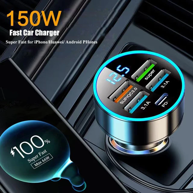 4 Port USB Car Charger Type C PD 150W Fast Charging Adapter for Huawei OPPO Oneplus iPhone 14 Pro Max 13 12 11 Mini XS Xiaomi