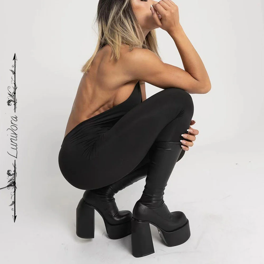 Platform Tight Elastic Boots Punk Thick Sole Mid-calf Women Boots Slip-on Party Comfy Women Shoes Big Size 43