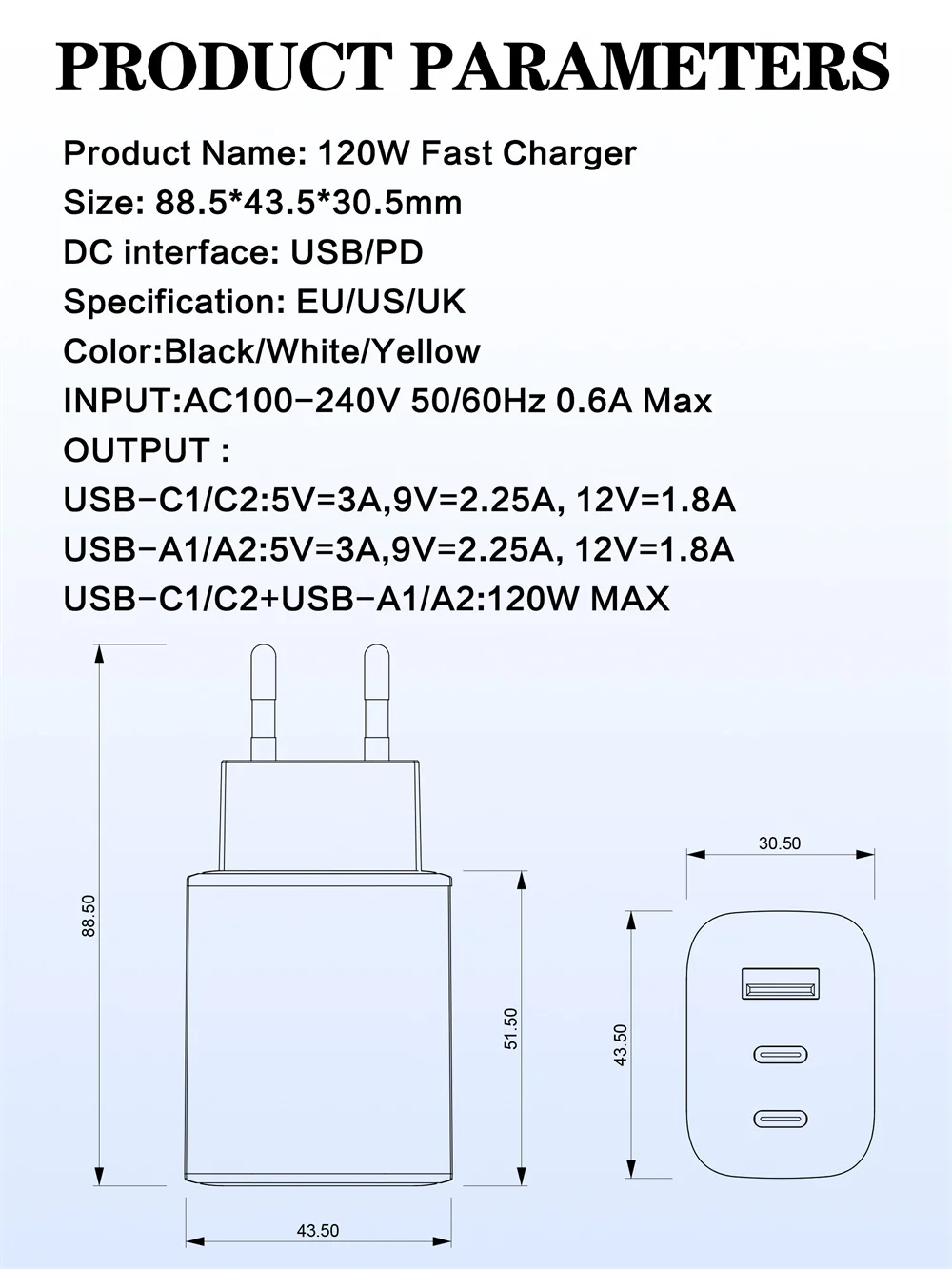 120W 3 Ports USB C Charger PD Fast Charging Charger Power Adapter Type C Quick C