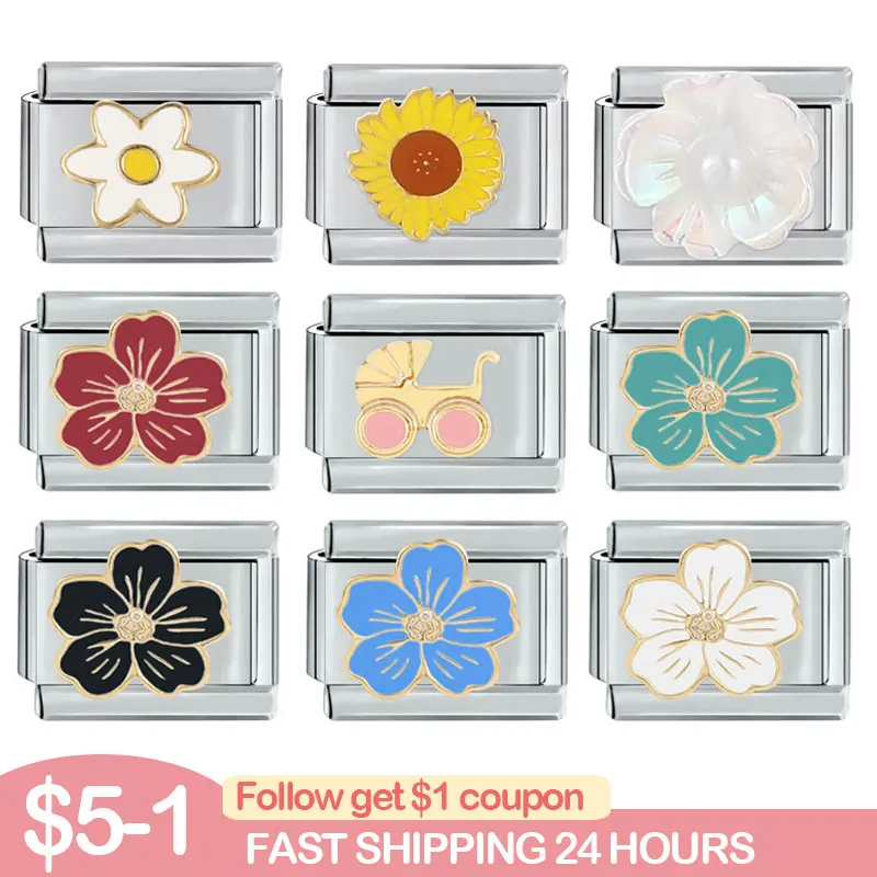 

2024 New DIY Fashion Retro Colors Flower Italian Charm Links Fit 9mm Bracelet Stainless Steel Jewelry Making Birthday Gift
