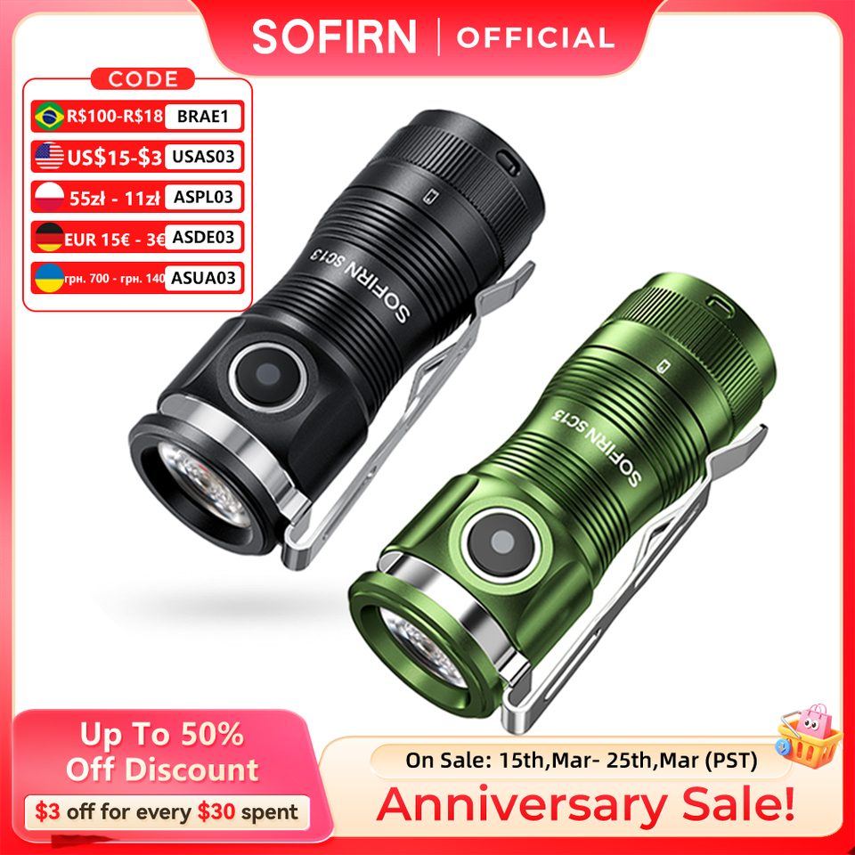  Sofirn Mini SC13 SST40 LED 1300lm Tactical 18350 Rechargeable Flashlight 6000K Keychain Light with Magnetic 