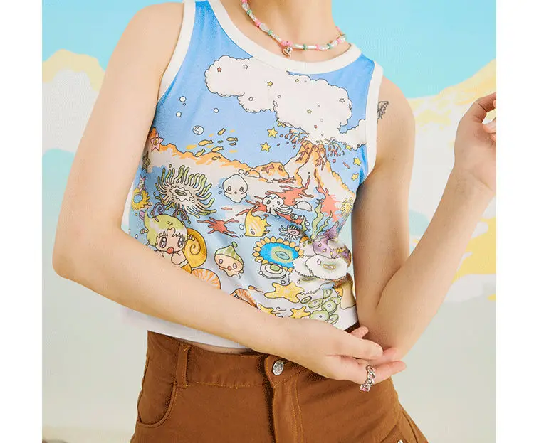 

Girls Tanks 2024 New Arrival Cartoon Graffiti Printed Camisole for Women Summer Popular Sweet Japanese Y2k Slimming Top