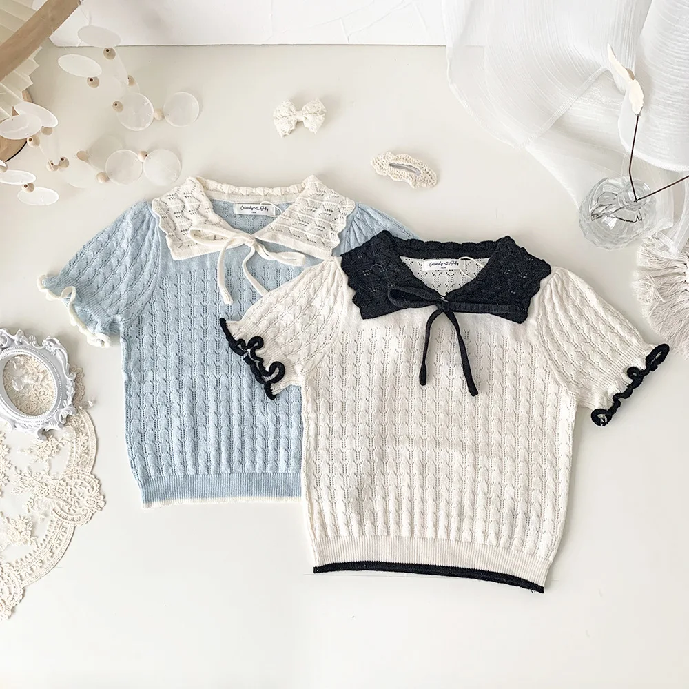 

Jenny&Dave Spring/Summer Baby Girls' Pullover Polo Neck Knit Baby Thin Cut Out Cute Contrast Knitted Short Sleeve Girl