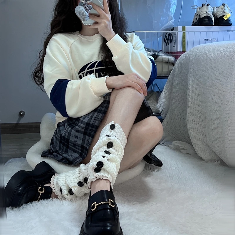 Y2K 버튼 디자인 레그 워머 하라주쿠 여성 소녀 뜨개질 레그 워머 양말 여성용 발 양말 레그 워머 겨울 발목 워머