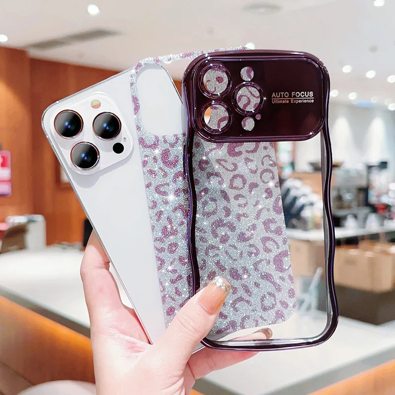 Curved Frame Glitter Leopard Pattern Plating Case For iPhone 15 14 13 12 11 Pro Max Lens Protect Shockproof Soft Cover_voghion.com