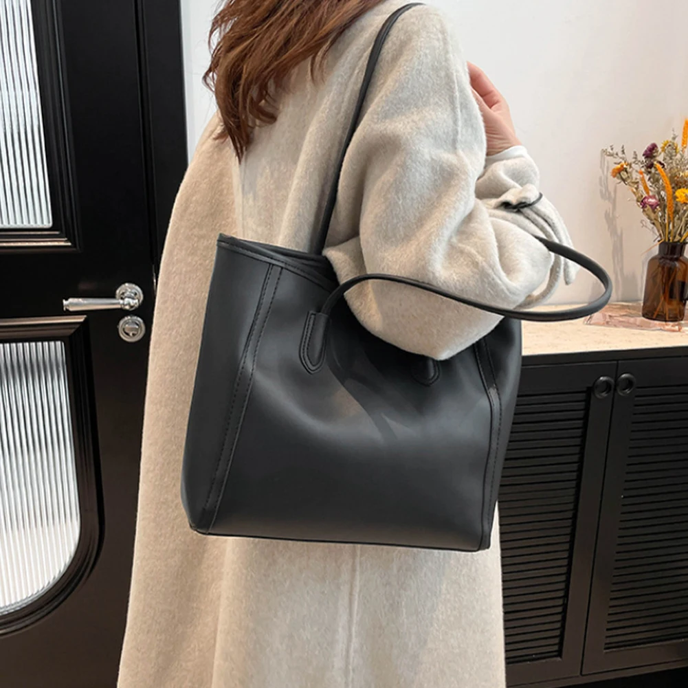 Leather Retro Tote Bag for Women Zipper Closure Shoulder Handbag Solid Top Handle Bag Simple Shoulder Bag for Work & Daily Use