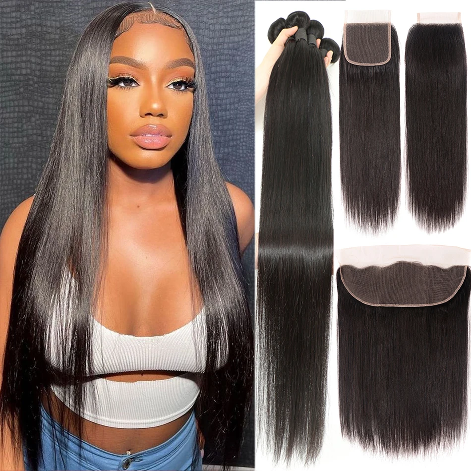 

Bone Straight Hair Bundles With 13x4 Frontal Transparent Lace 100% Remy Human Hair Peruvian Bundles With 5x5 Hd Lace Closure