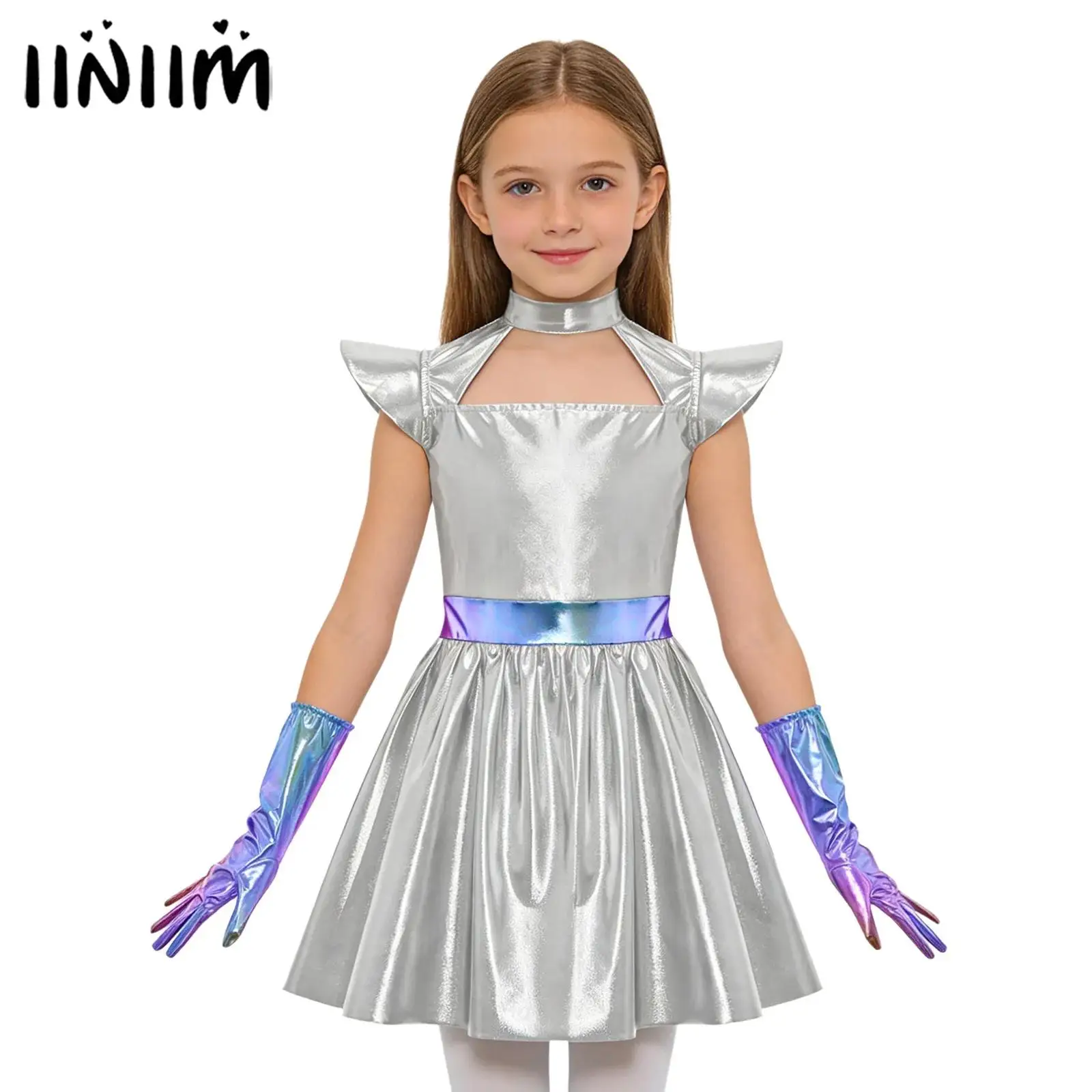 Girls Alien Cosplay Costume Outer Space Dress Metallic Back Zipper Ruffled Robot Astronaut Robot Tutu Dress with 1 Pair Gloves 1