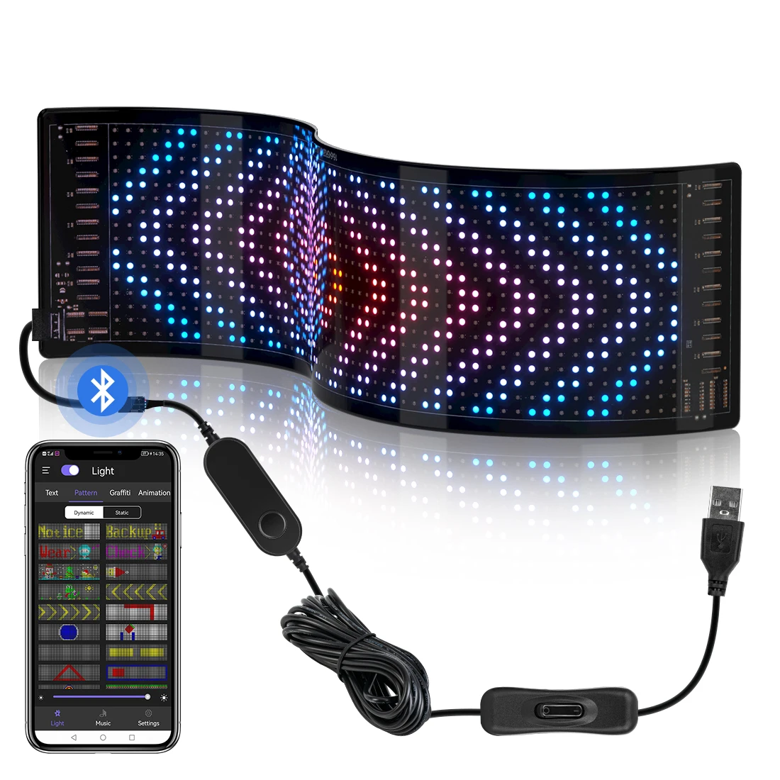 Panel Pixel Bluetooth Smart APP Control Addressable RGB Scrolling Display DIY Animation Music Rhythm VDIKKS Flexible LED Matrix Panel 14.6x3.6” USB 5V LED Car Sign 