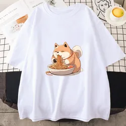 Shiba Inu Ramen Graphic T - Shirt - Women's Summer Harajuku Style Fashion Top - XXL (White)