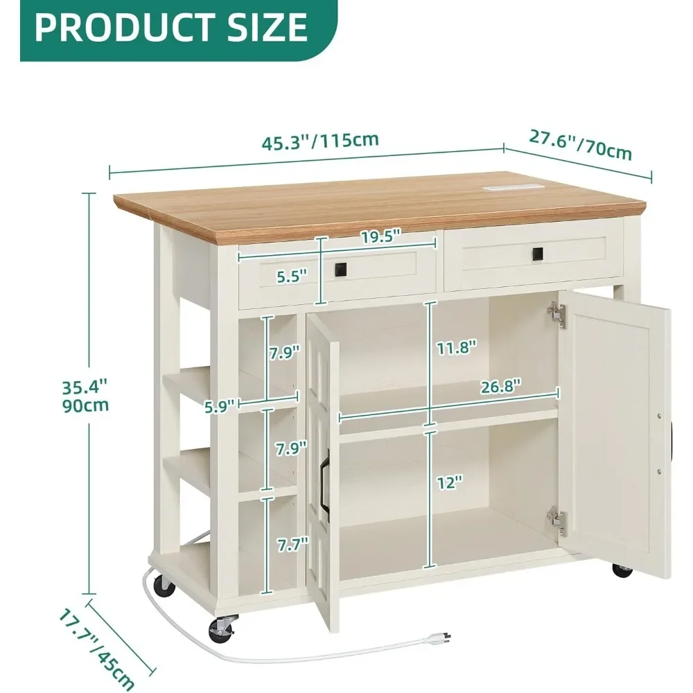 Rolling Kitchen Cart on Wheels Americana Kitchen Island Cabinet with Open Shelves Thicker Rubberwood Top Kitchen