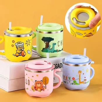 270ML Kids Water Sippy Cup Creative Cartoon Baby Feeding Cup with Straw Leakproof Water Bottle Portable Children's Drinking Cups