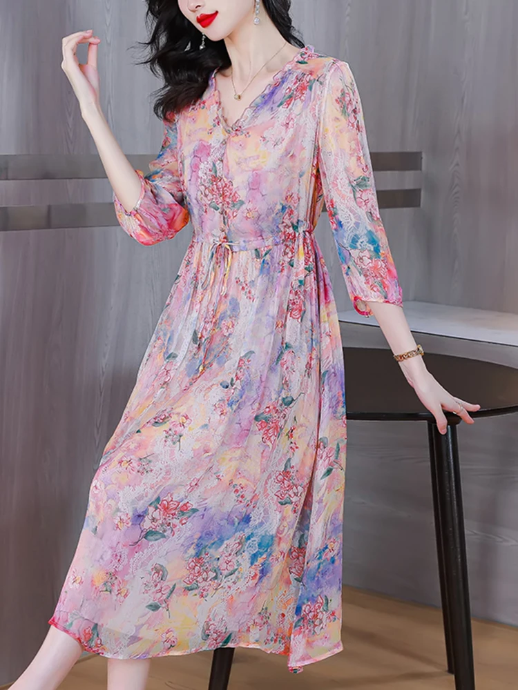 

2023 Summer New Silk Luxury Elegant Casual Midi Dress Women Chic Floral Festival Evening Dress Vintage Bodycon Party Robe Dress