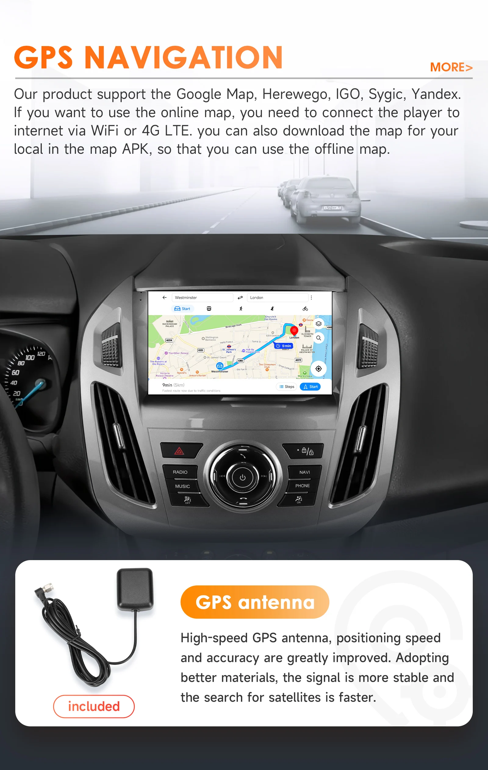 8Core Carplay Android 14 Autoradio für FORD Transit Tourneo Connect 2013 - 2016 2017 2018 Multimedia-Player 360 Kamera 9"Bildschirm – Detail 32