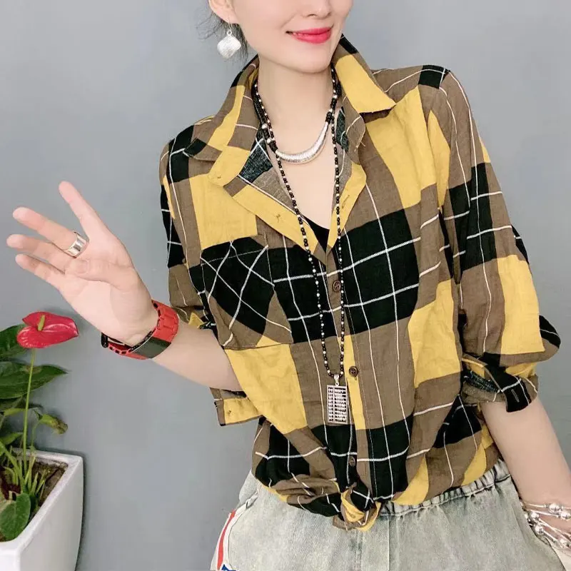 Commute Contrasting Colors Plaid Blouse Spring Autumn Single-breasted Women's Clothing Loose Lapel Casual Pockets Spliced Shirt