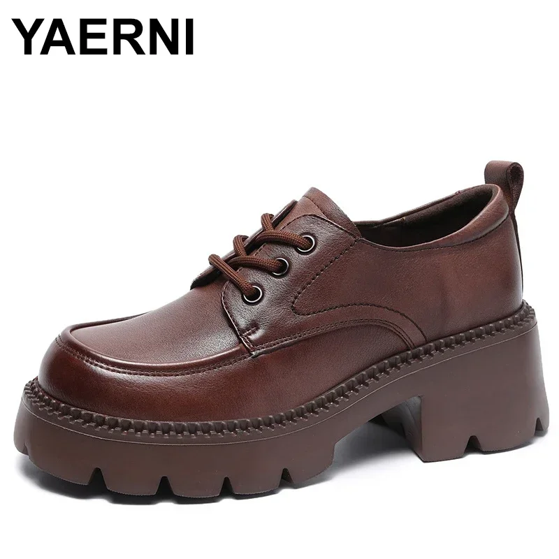 

Fashion Women Platform Shoes Spring Autumn Genuine Cow Leather Round Toe Thick High Heel Casual Shoes Handmade Retro