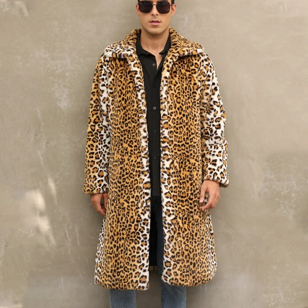 

Winter Men's Warm Faux Fur Long Coat Leopard Leisure Shaggy Fur Long Jackets Thick Fluffy Luxury Bontjas Outerwear 2023