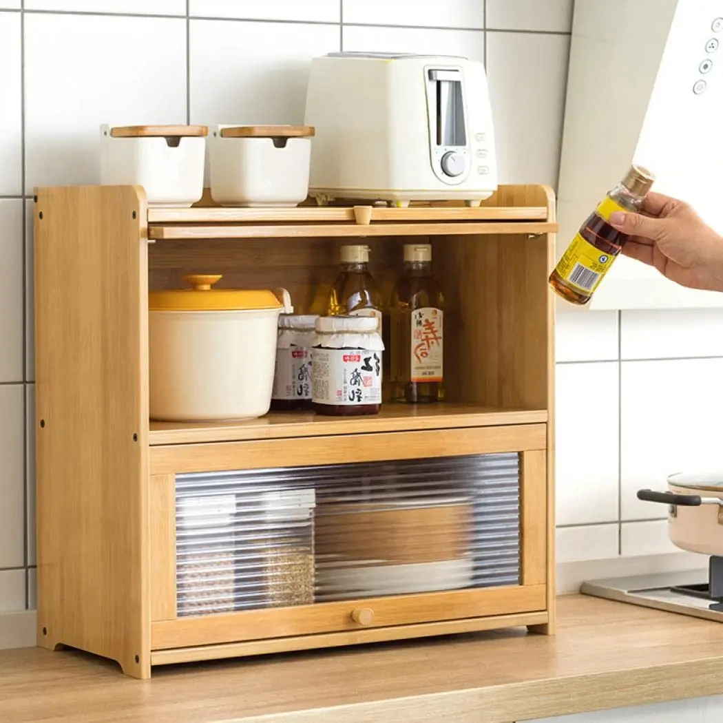 

Wood Bathroom Countertop Cabinet for Kitchen with 2 Window Doors Multipurpose Storage for Spice Jars Vanity Beauty Accessories