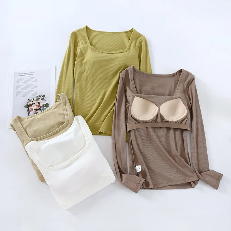 Ribbed Women's T-Shirts Solid Color Full Sleeve Square Neck with Padded Bottom Layering Tops Undershirts Female Blouse C5528