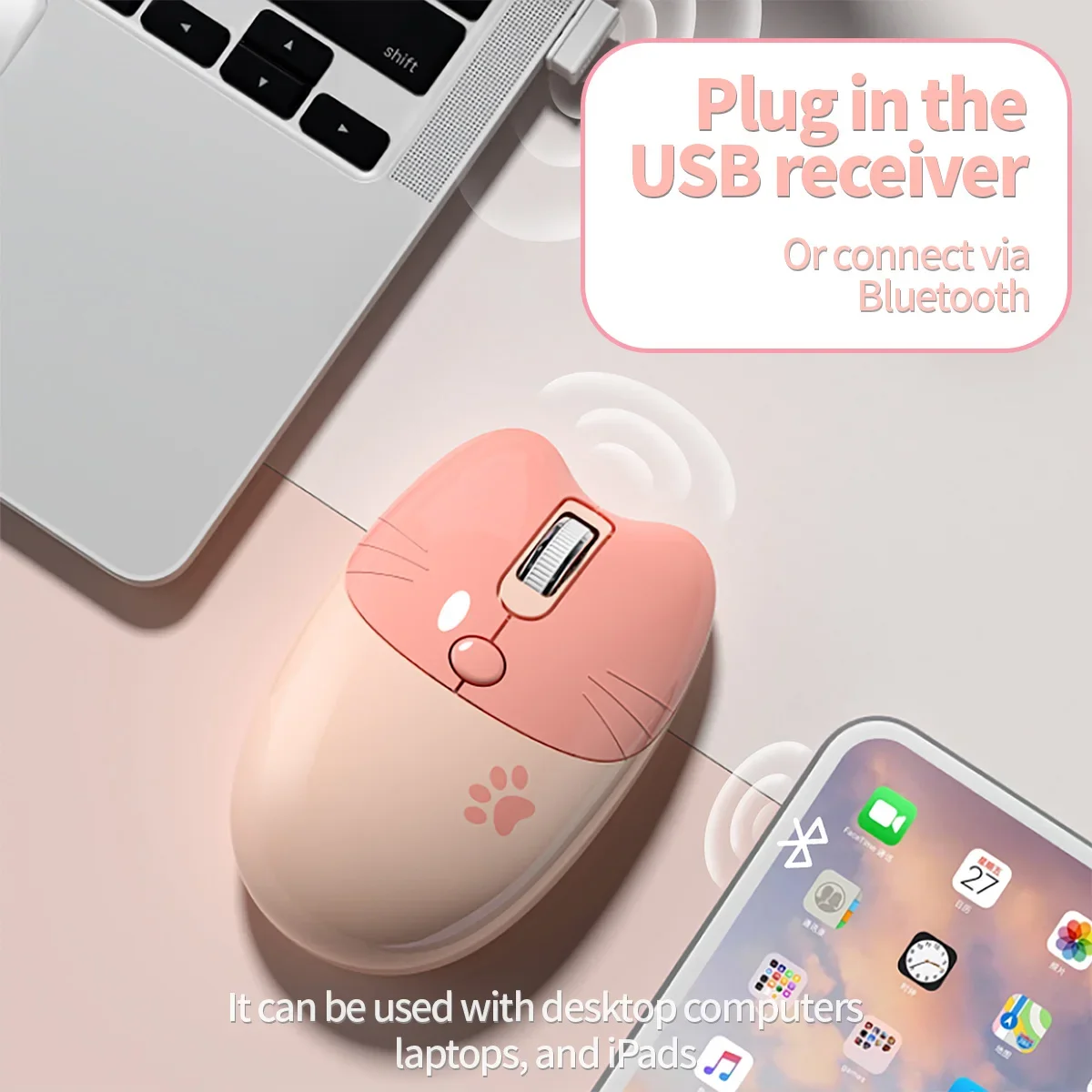 카와이 고양이 모양 2.4G+블루투스 무선 마우스 캔디 컬러 무소음 게이밍 마우스 노트북 PC 컴퓨터 게이머 소녀 아이 홈 오피스용