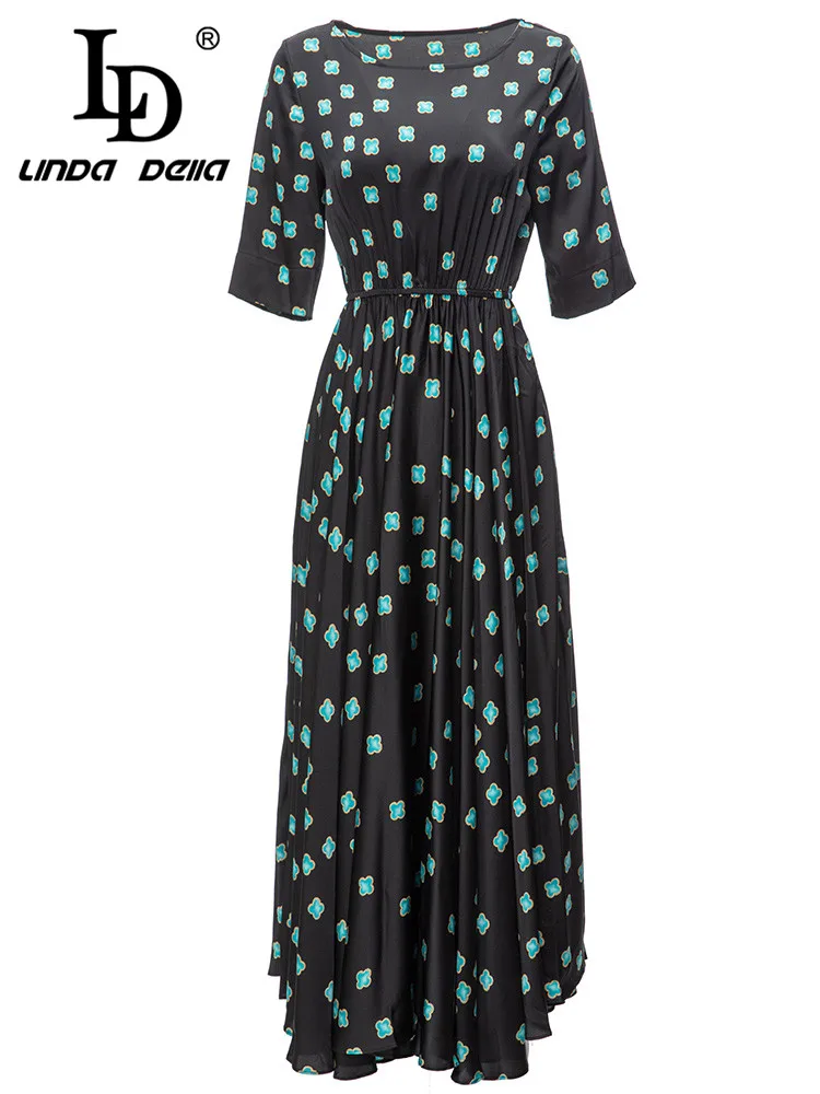 

LD LINDA DELLA 2023 Summer Fashion Designer Dress Women's Round Neck Splice Elastic Waist Print Draped Chiffon Slim Fit Dress